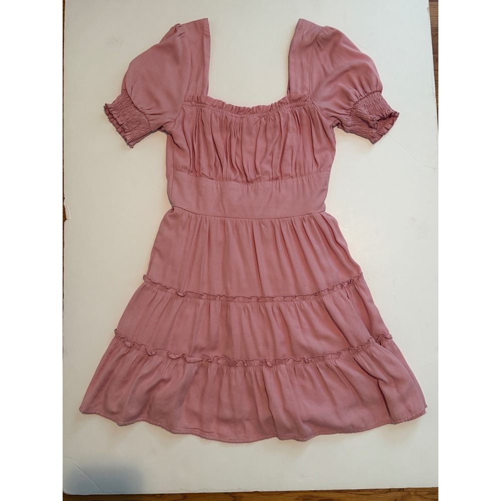Trixxi Pink Puff Sleeve Tiered Mini Dress Cottagecore Square Neck Smocked Small - Picture 2 of 10
